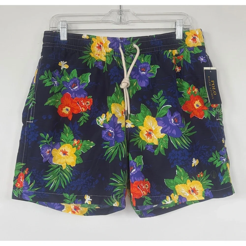 Polo Ralph Lauren Men M Floral Swim Trunks Navy Blue Tropical Hibiscus Short NEW